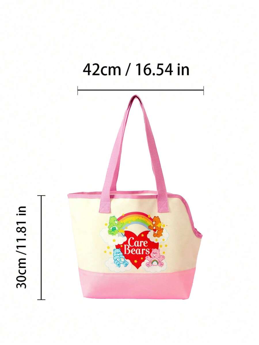 Pink and white canvas pet carrier tote bag with cute cartoon print, dual top handles, and shoulder strap for small dogs and cats.