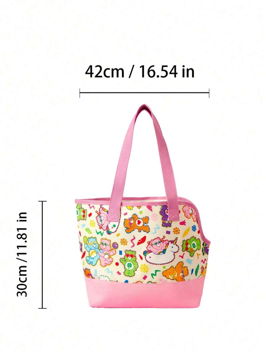 Pink allover print pet carrier tote bag made of durable polyester material for small pets.