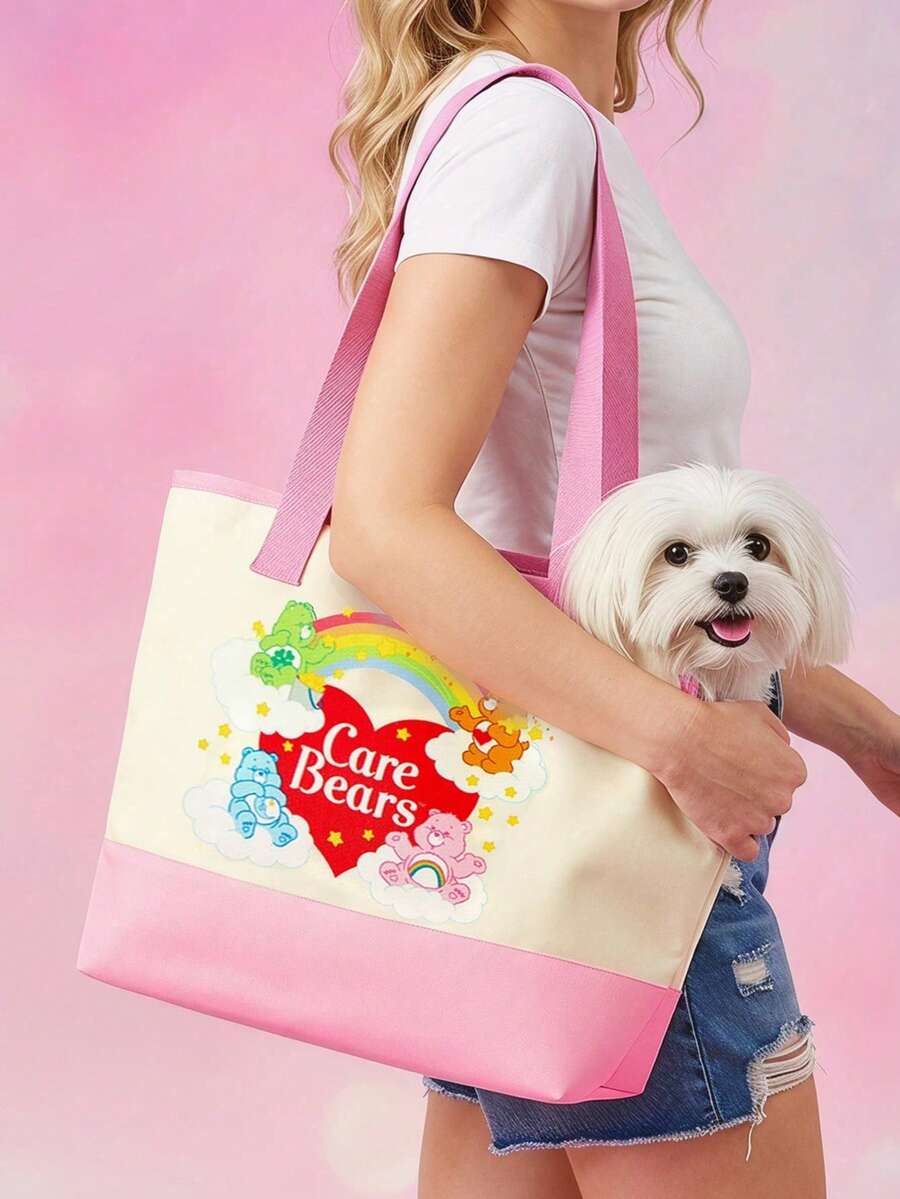 Pink and white canvas pet carrier tote bag with cute cartoon print, dual top handles, and shoulder strap for small dogs and cats.
