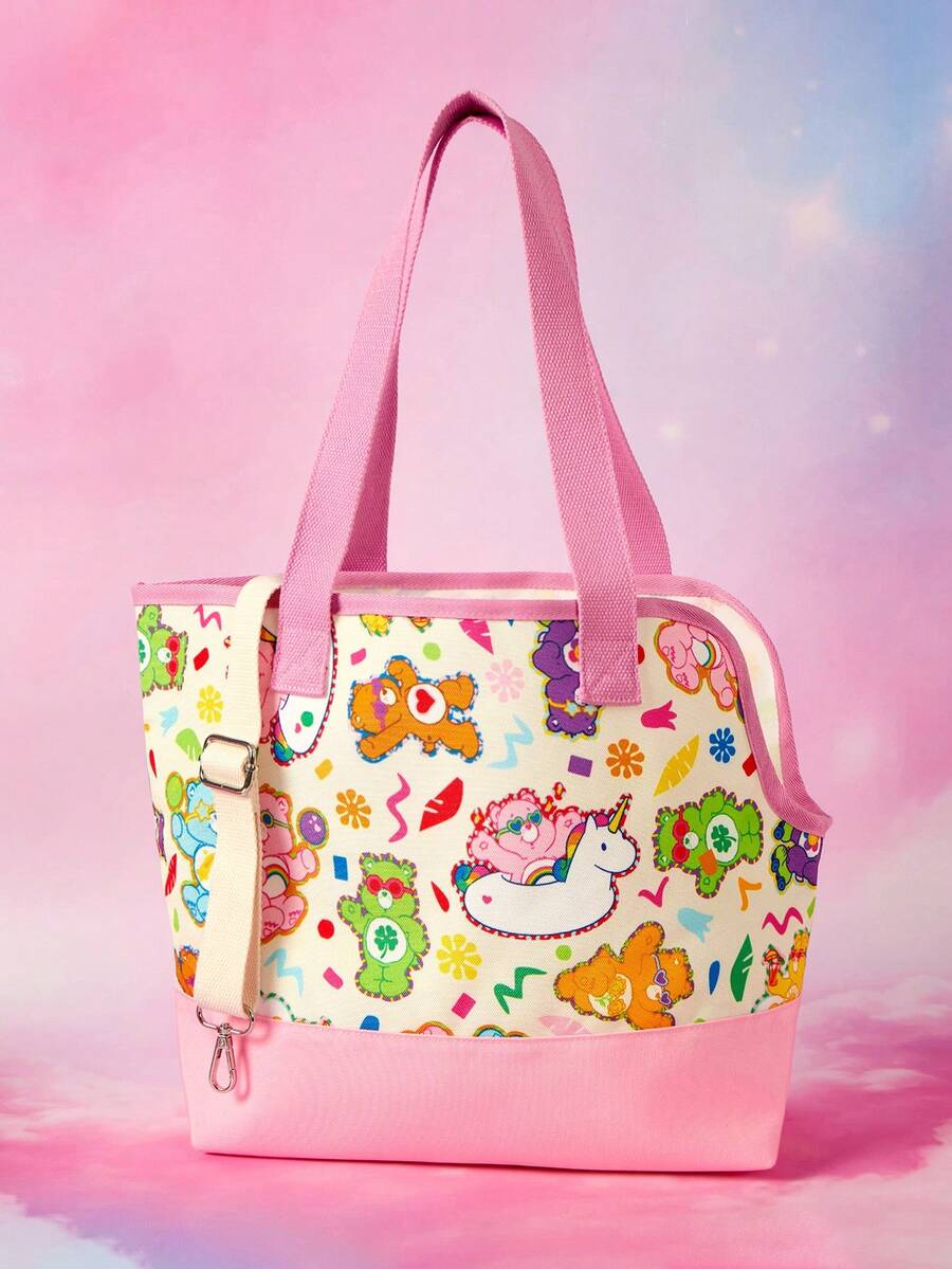 Pink allover print pet carrier tote bag made of durable polyester material for small pets.
