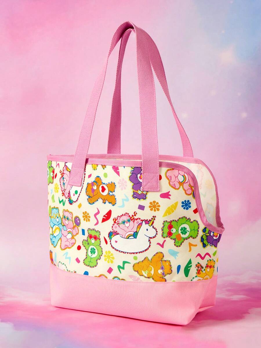 Pink allover print pet carrier tote bag made of durable polyester material for small pets.