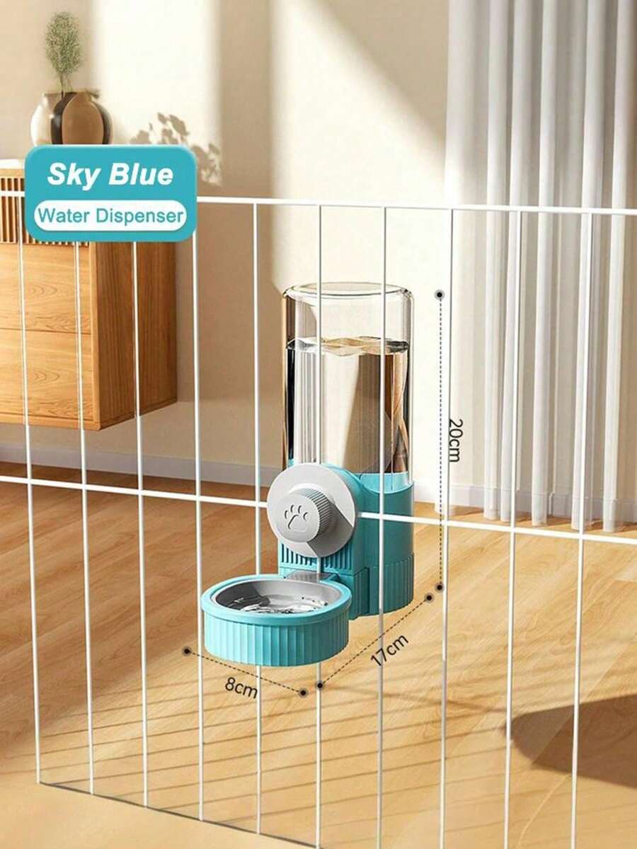 Multicolor cartoon pattern hanging pet water dispenser and automatic feeder made of ABS material mounted on a cage for cats and dogs.