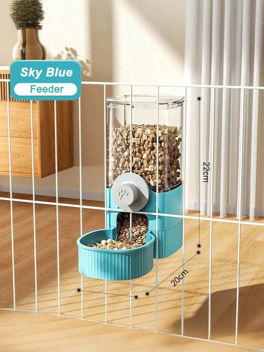 Multicolor cartoon pattern hanging pet water dispenser and automatic feeder made of ABS material mounted on a cage for cats and dogs.
