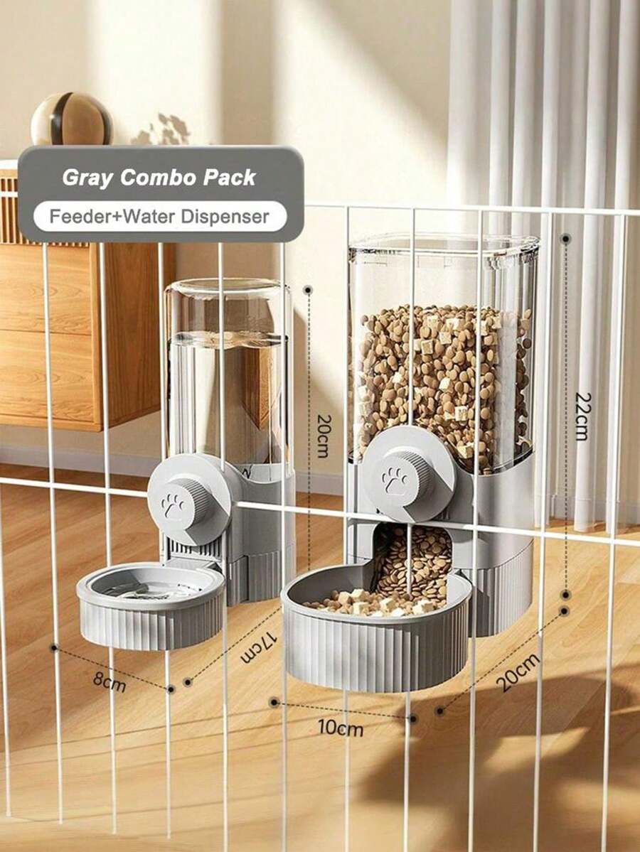 Multicolor cartoon pattern hanging pet water dispenser and automatic feeder made of ABS material mounted on a cage for cats and dogs.