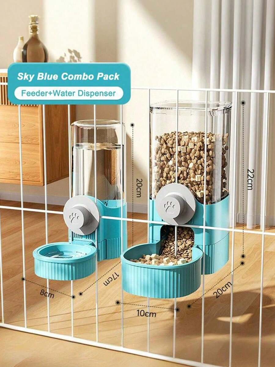 Multicolor cartoon pattern hanging pet water dispenser and automatic feeder made of ABS material mounted on a cage for cats and dogs.