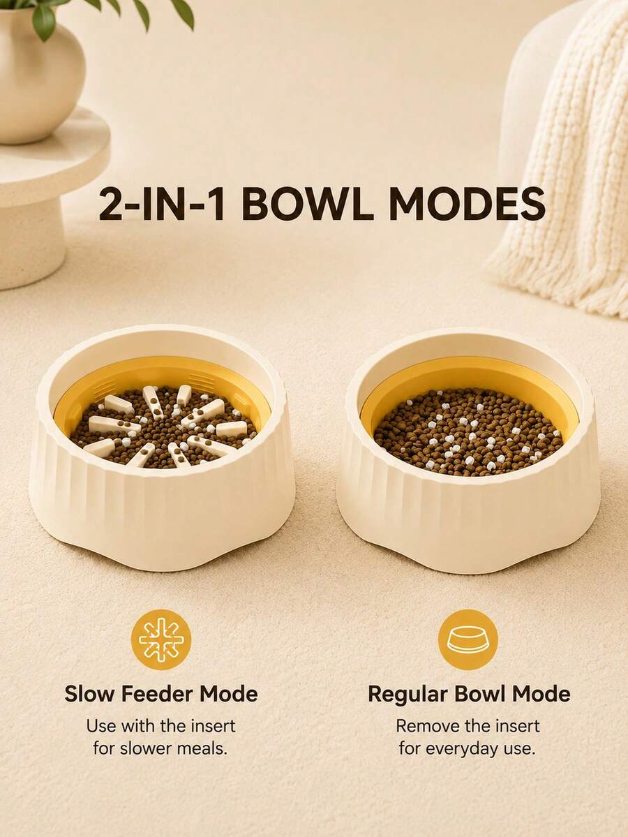 2-in-1 convertible ABS slow feeder pet bowl with 500ml capacity featuring interactive puzzle design and non-slip base for small cats and dogs.