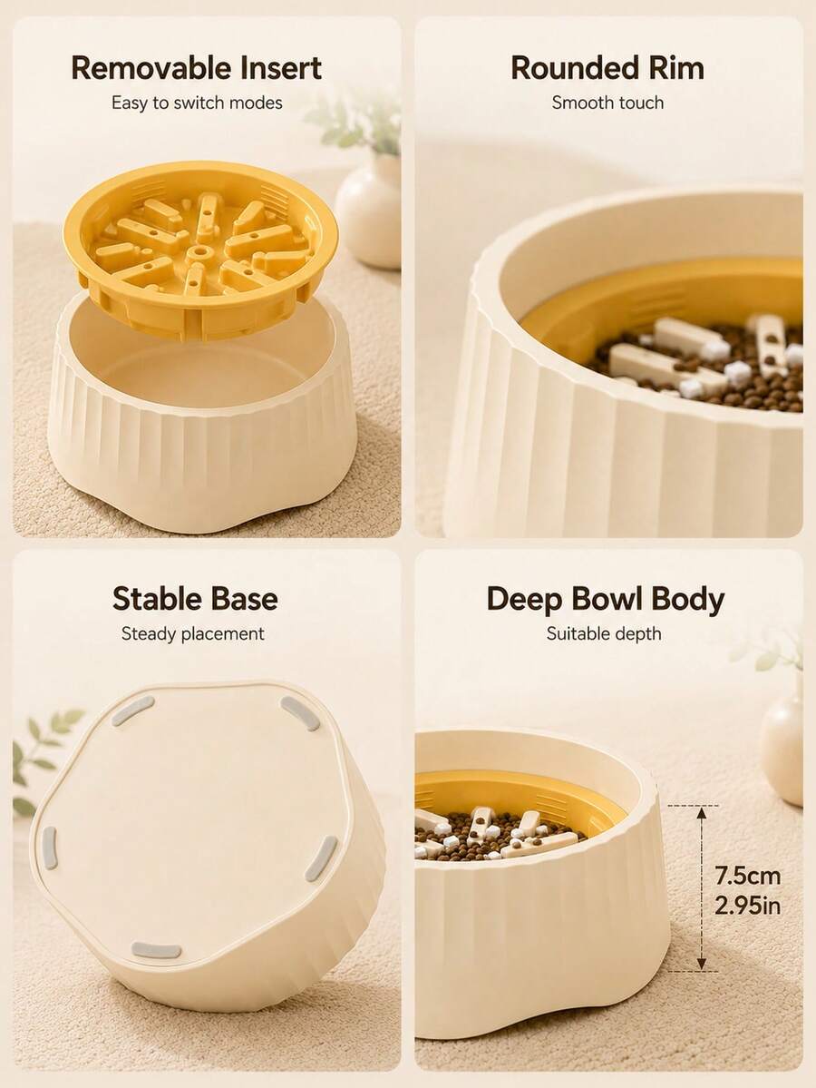 2-in-1 convertible ABS slow feeder pet bowl with 500ml capacity featuring interactive puzzle design and non-slip base for small cats and dogs.
