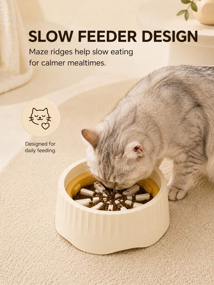 2-in-1 convertible ABS slow feeder pet bowl with 500ml capacity featuring interactive puzzle design and non-slip base for small cats and dogs.