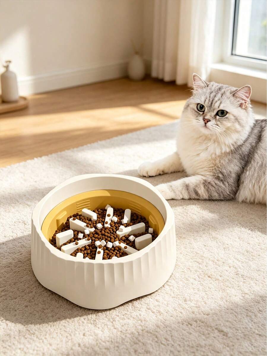 2-in-1 convertible ABS slow feeder pet bowl with 500ml capacity featuring interactive puzzle design and non-slip base for small cats and dogs.