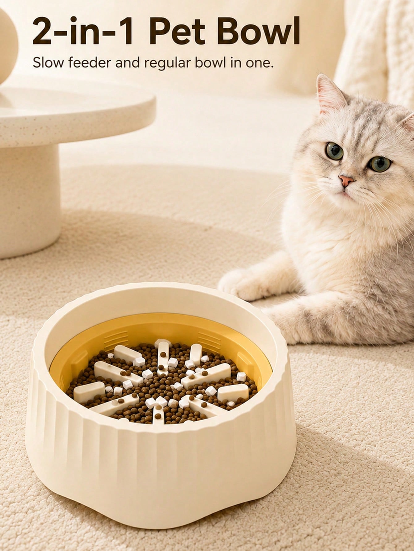2-in-1 convertible ABS slow feeder pet bowl with 500ml capacity featuring interactive puzzle design and non-slip base for small cats and dogs.