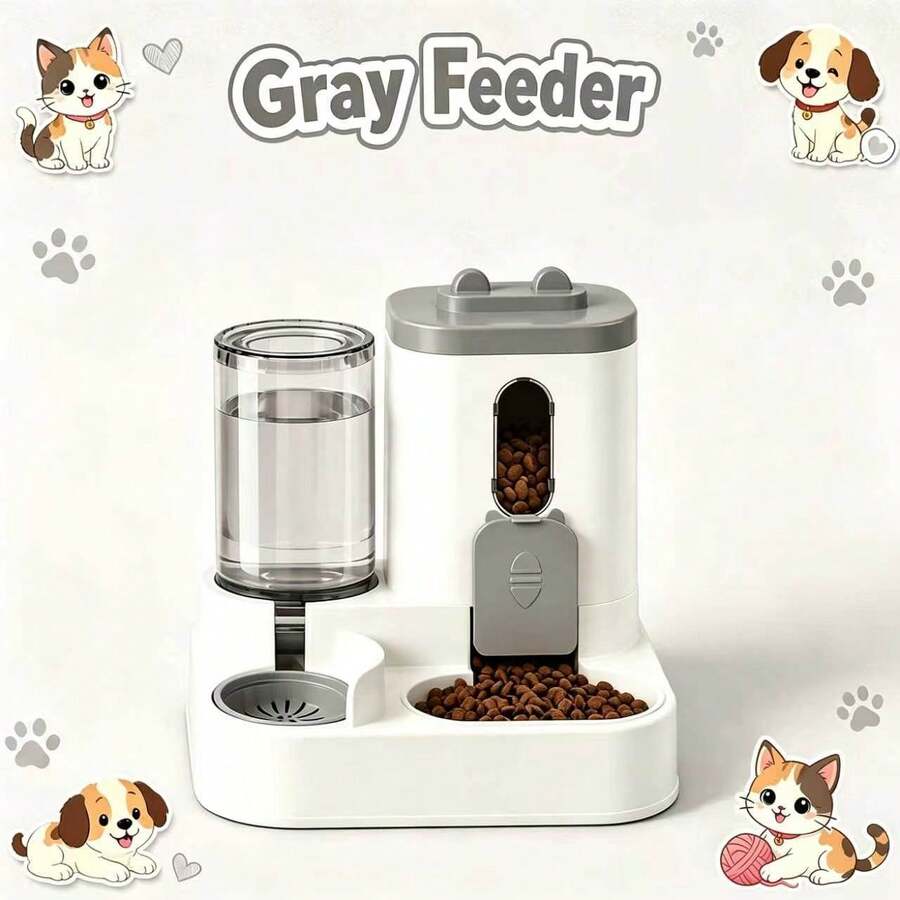 Grey automatic cat feeder and water dispenser with cartoon design for cats and dogs