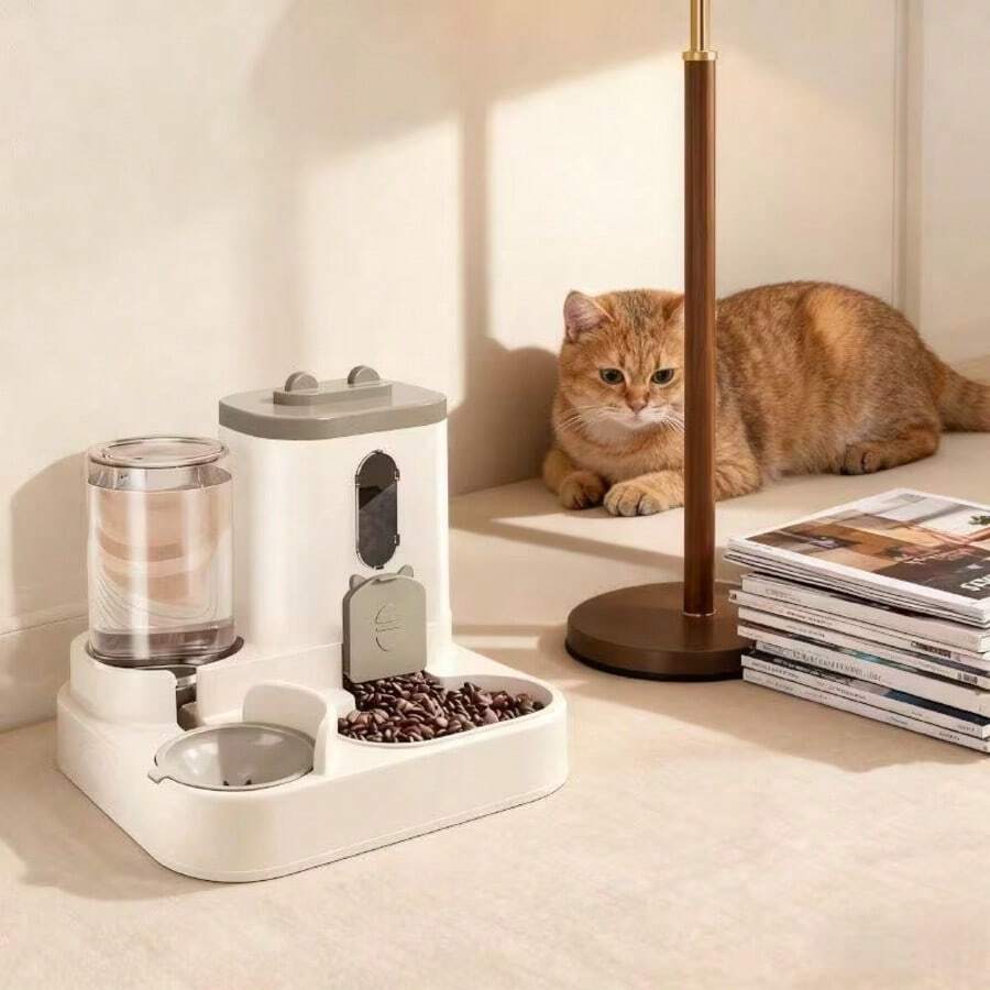 Grey automatic cat feeder and water dispenser with cartoon design for cats and dogs