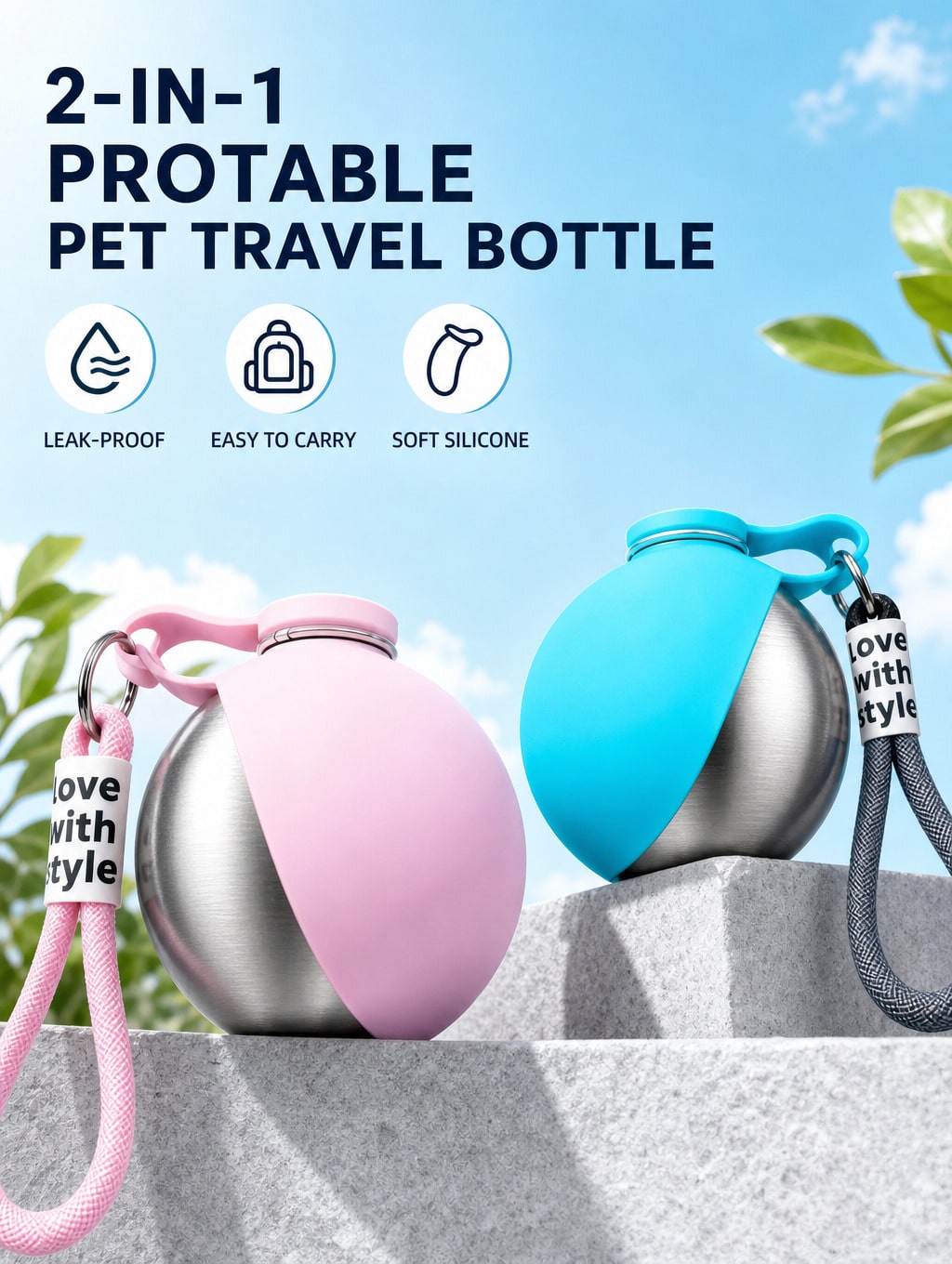 Portable 2-in-1 stainless steel dog water bottle with a colorblock design and foldable bowl, 285 ml capacity for dogs and cats.