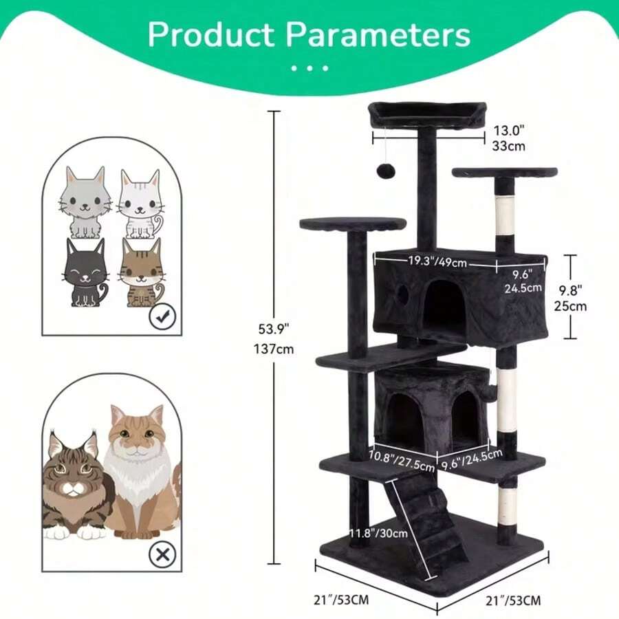 Dark gray 54-inch multi-level cat tree tower featuring 3 top perches, 2 cozy condos, scratching posts, and hanging toys for indoor cats.