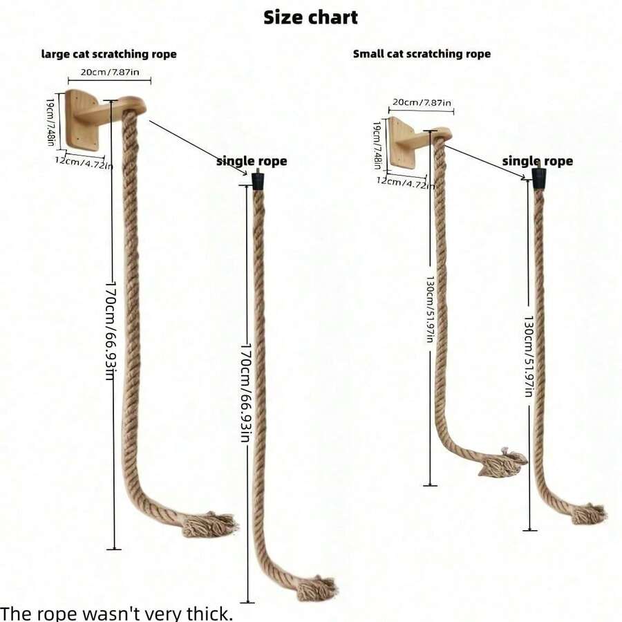 Multicolor wall-mounted solid wood and sisal rope cat climbing scratcher post.