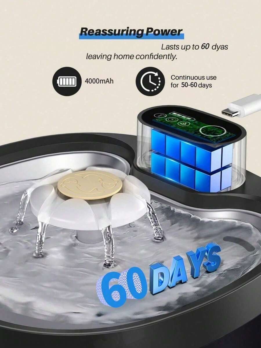 Multicolor 88oz 2.6L wireless automatic cat water fountain with motion sensor and rechargeable battery powered ABS structure.