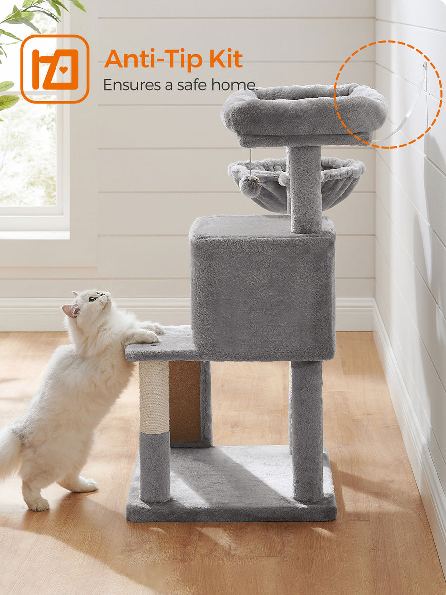Dark grey 37.8-inch multi-level cat tree featuring a widened top perch, two-door cat cave, hanging basket, sisal scratching posts, and a scratching ramp for indoor cats.