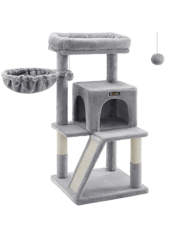 Dark grey 37.8-inch multi-level cat tree featuring a widened top perch, two-door cat cave, hanging basket, sisal scratching posts, and a scratching ramp for indoor cats.