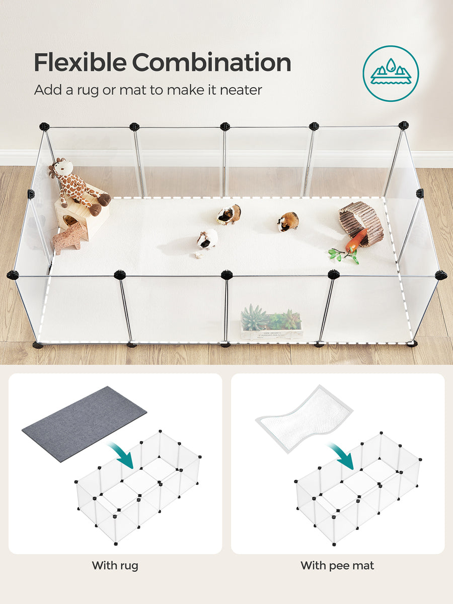 White DIY plastic small animal playpen with floor panels setup for indoor pets including rabbits, hamsters, and ferrets