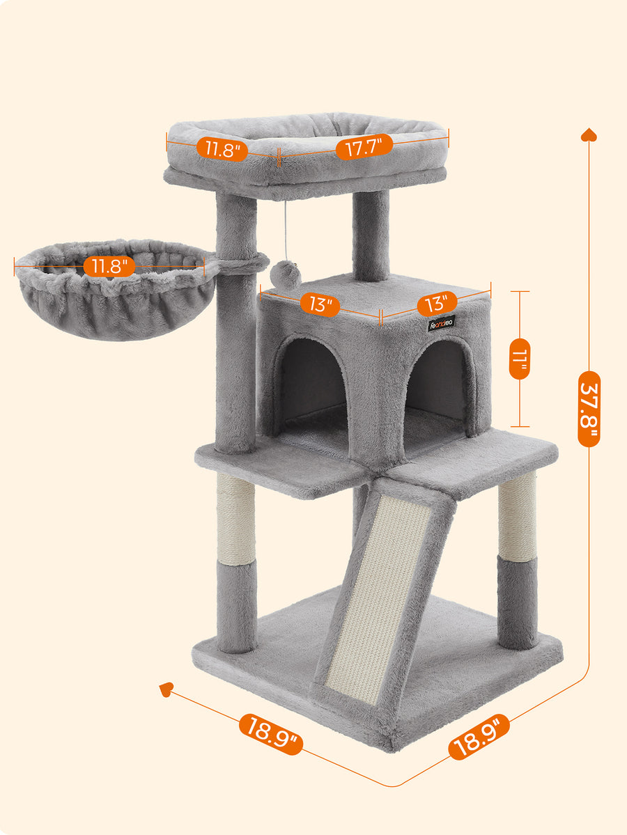 Dark grey 37.8-inch multi-level cat tree featuring a widened top perch, two-door cat cave, hanging basket, sisal scratching posts, and a scratching ramp for indoor cats.