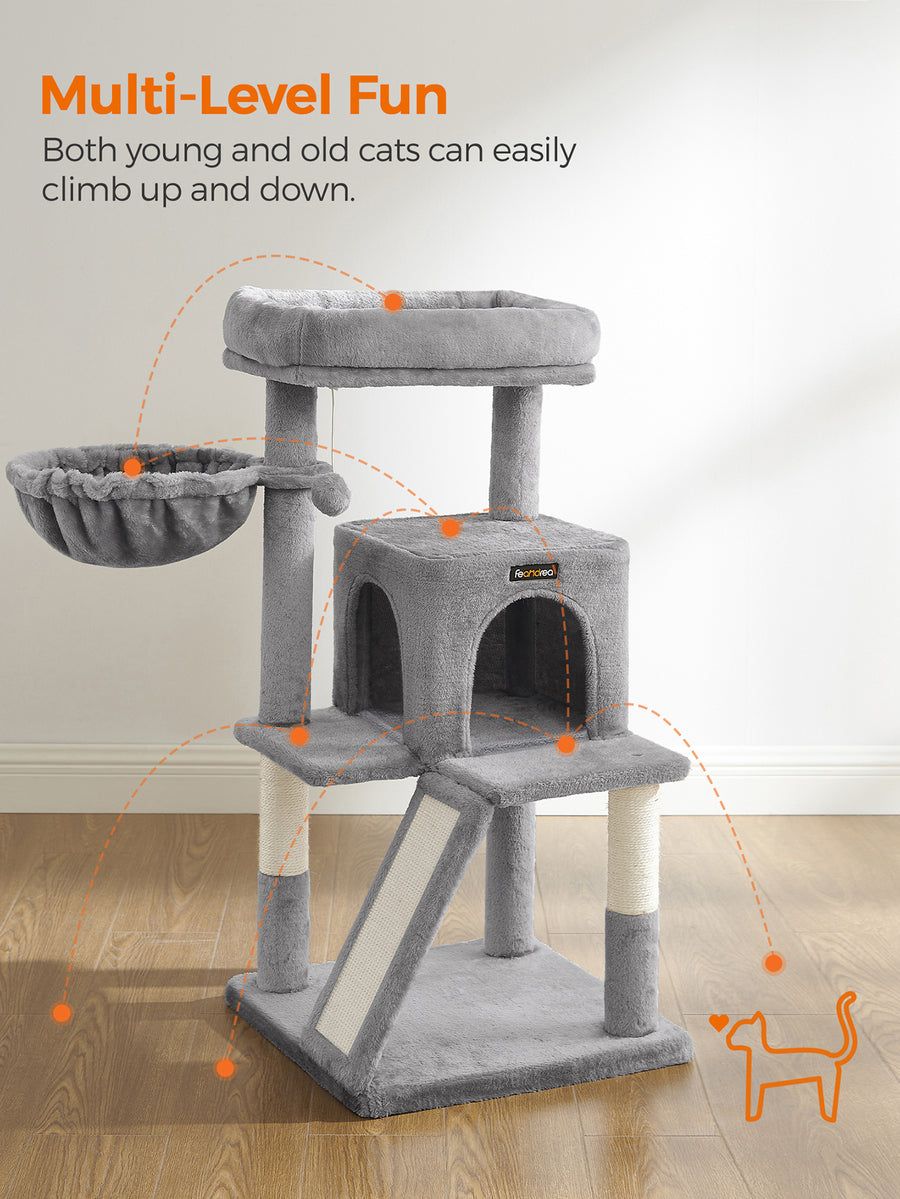 Dark grey 37.8-inch multi-level cat tree featuring a widened top perch, two-door cat cave, hanging basket, sisal scratching posts, and a scratching ramp for indoor cats.