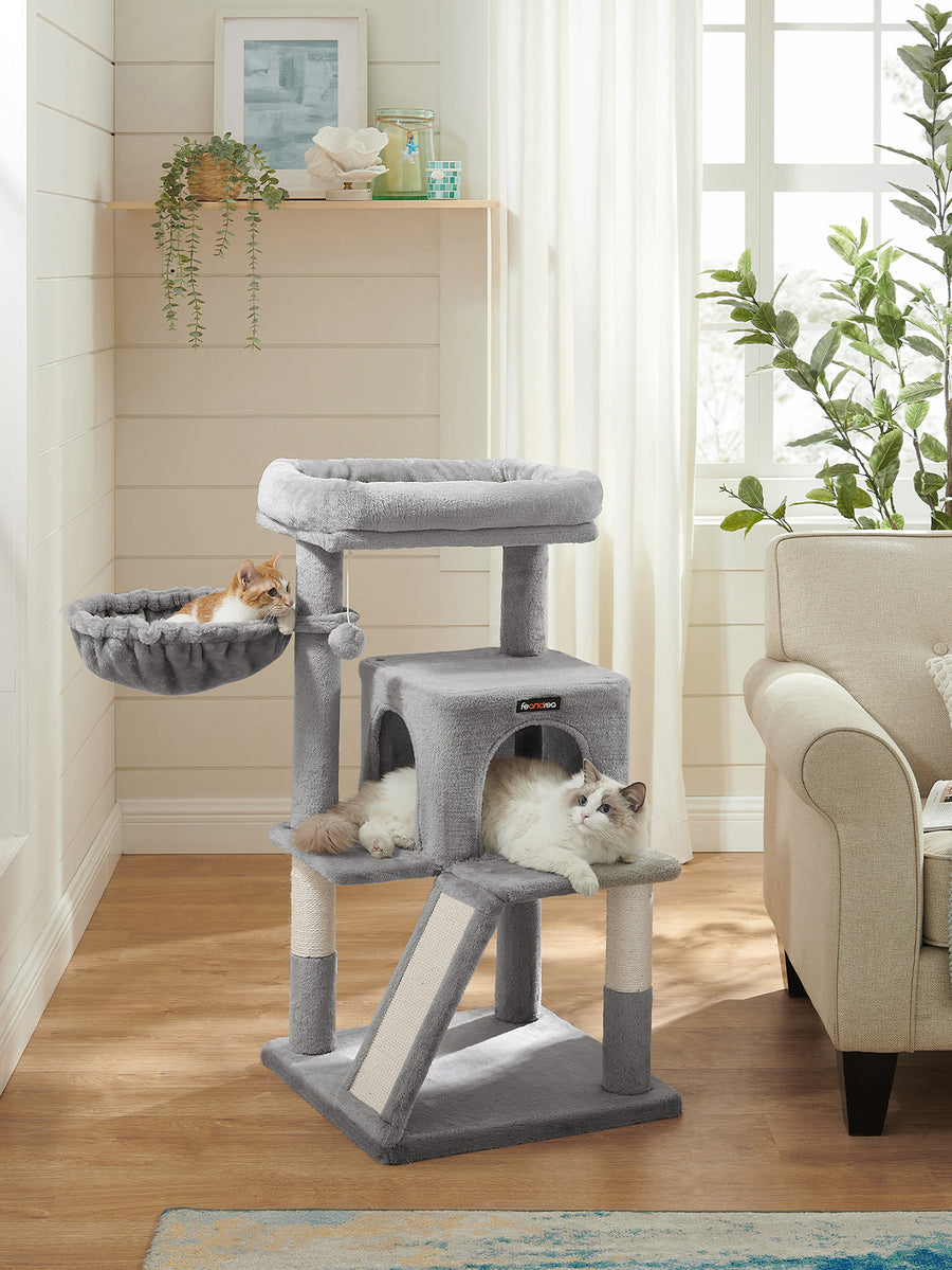 Dark grey 37.8-inch multi-level cat tree featuring a widened top perch, two-door cat cave, hanging basket, sisal scratching posts, and a scratching ramp for indoor cats.