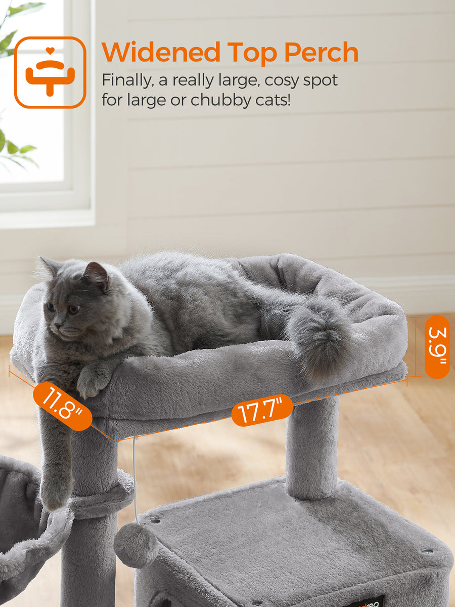 Dark grey 37.8-inch multi-level cat tree featuring a widened top perch, two-door cat cave, hanging basket, sisal scratching posts, and a scratching ramp for indoor cats.
