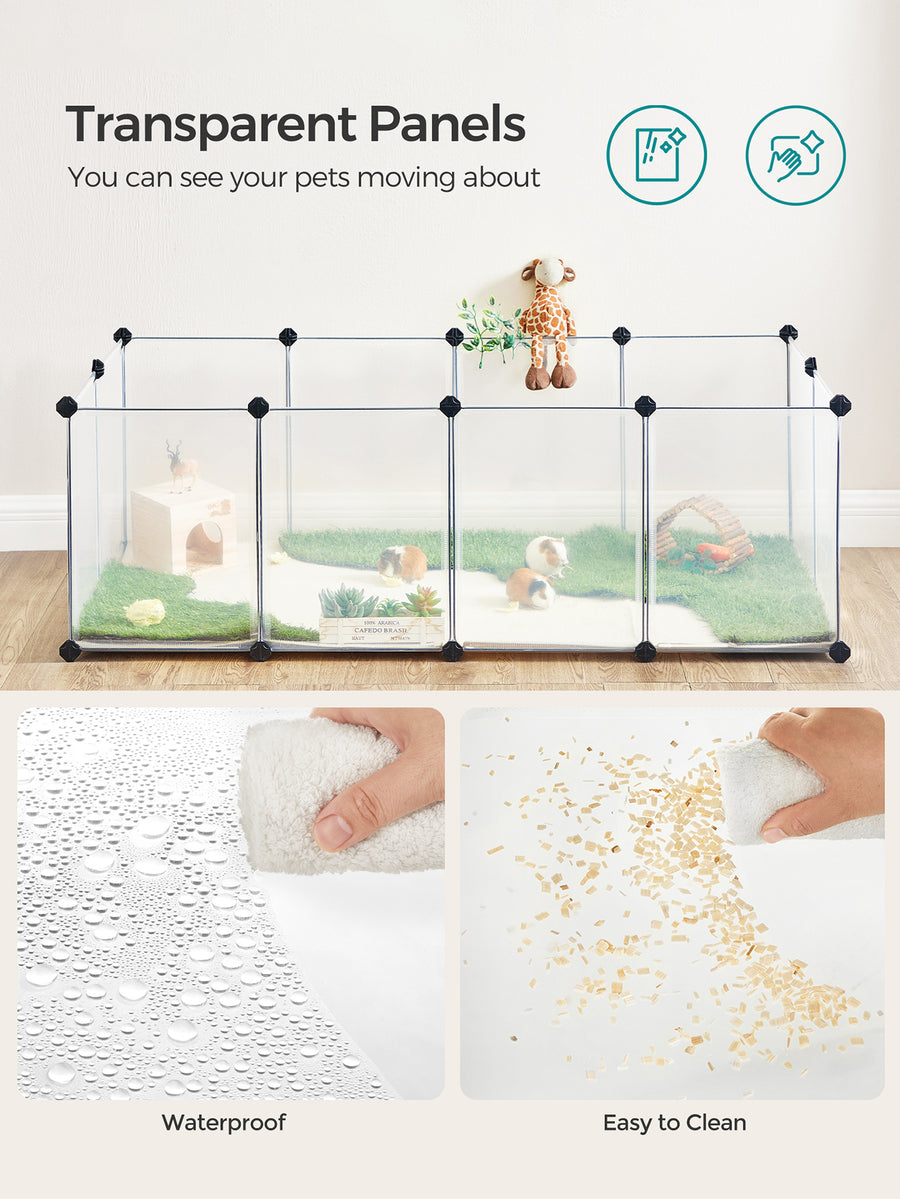 White DIY plastic small animal playpen with floor panels setup for indoor pets including rabbits, hamsters, and ferrets