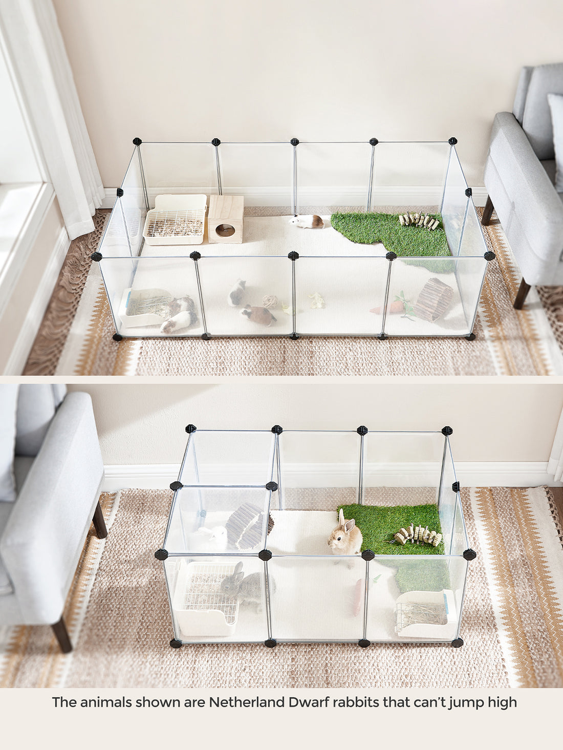 White DIY plastic small animal playpen with floor panels setup for indoor pets including rabbits, hamsters, and ferrets