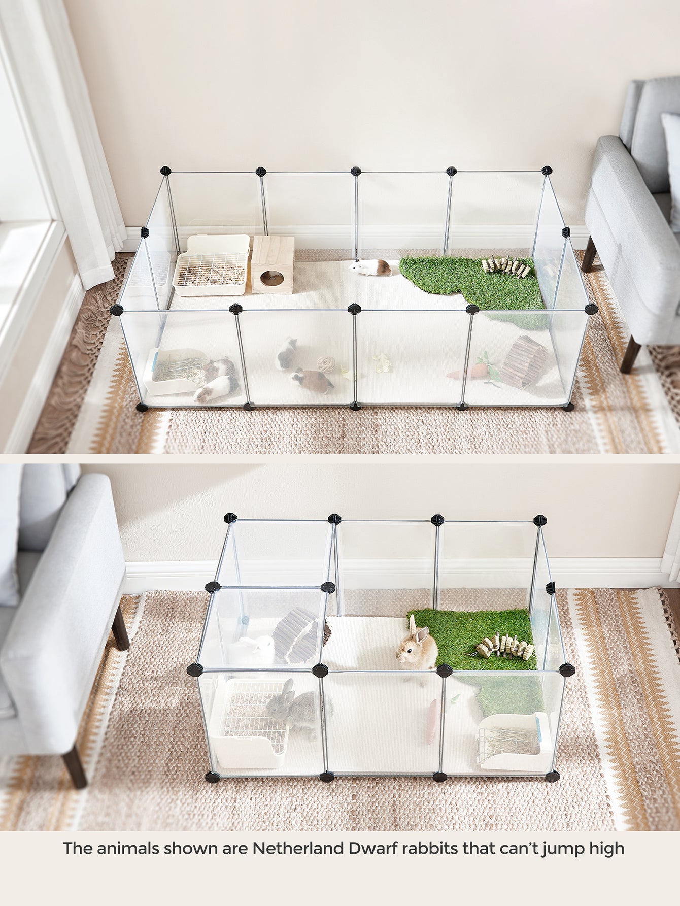 White DIY plastic small animal playpen with floor panels setup for indoor pets including rabbits, hamsters, and ferrets