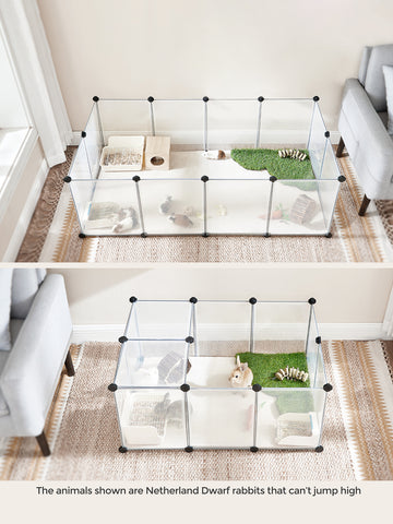White DIY plastic small animal playpen with floor panels setup for indoor pets including rabbits, hamsters, and ferrets