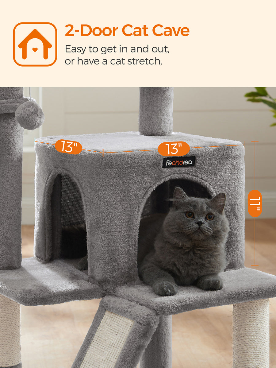Dark grey 37.8-inch multi-level cat tree featuring a widened top perch, two-door cat cave, hanging basket, sisal scratching posts, and a scratching ramp for indoor cats.