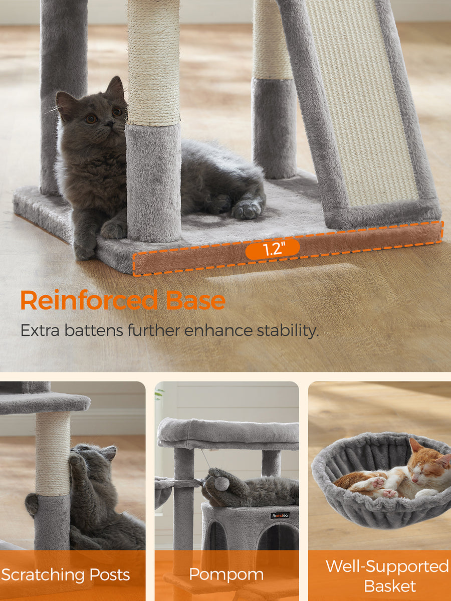 Dark grey 37.8-inch multi-level cat tree featuring a widened top perch, two-door cat cave, hanging basket, sisal scratching posts, and a scratching ramp for indoor cats.