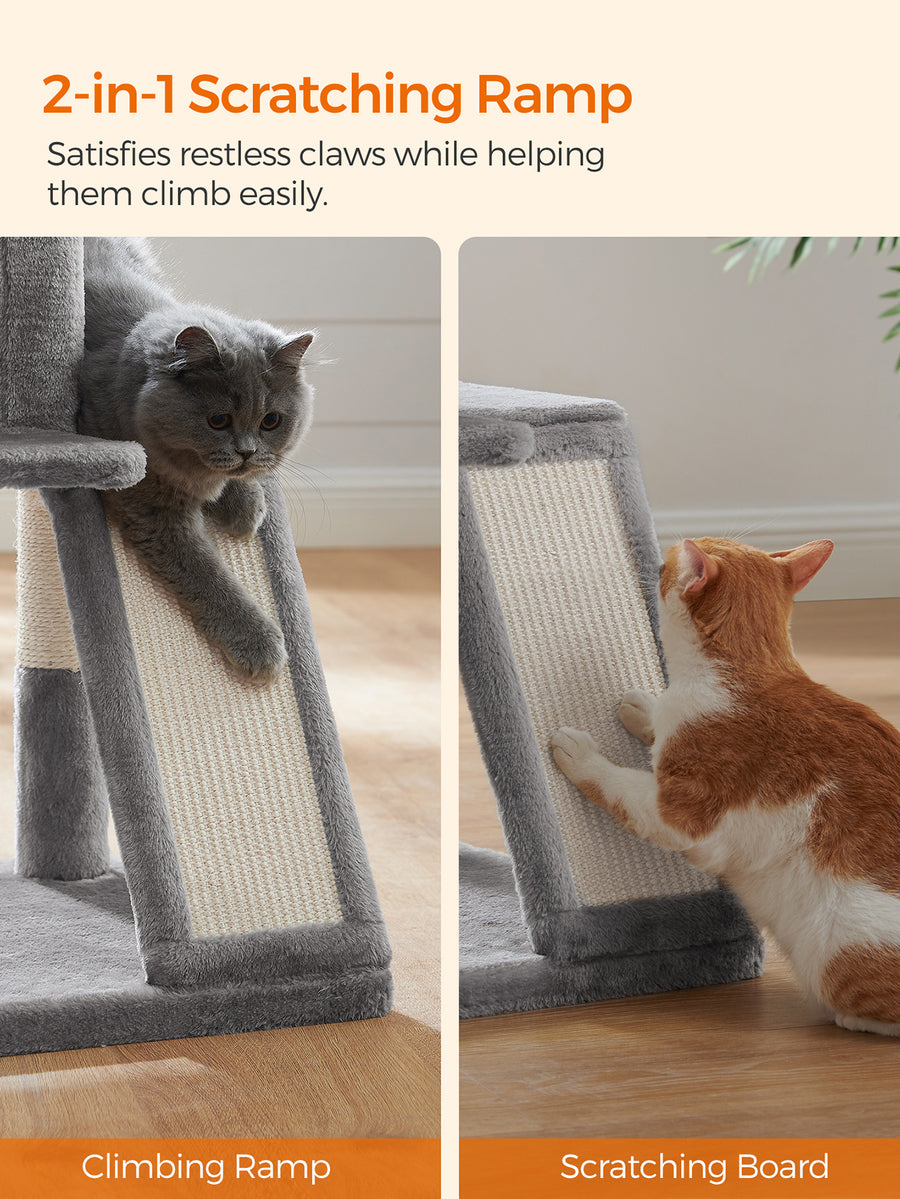 Dark grey 37.8-inch multi-level cat tree featuring a widened top perch, two-door cat cave, hanging basket, sisal scratching posts, and a scratching ramp for indoor cats.